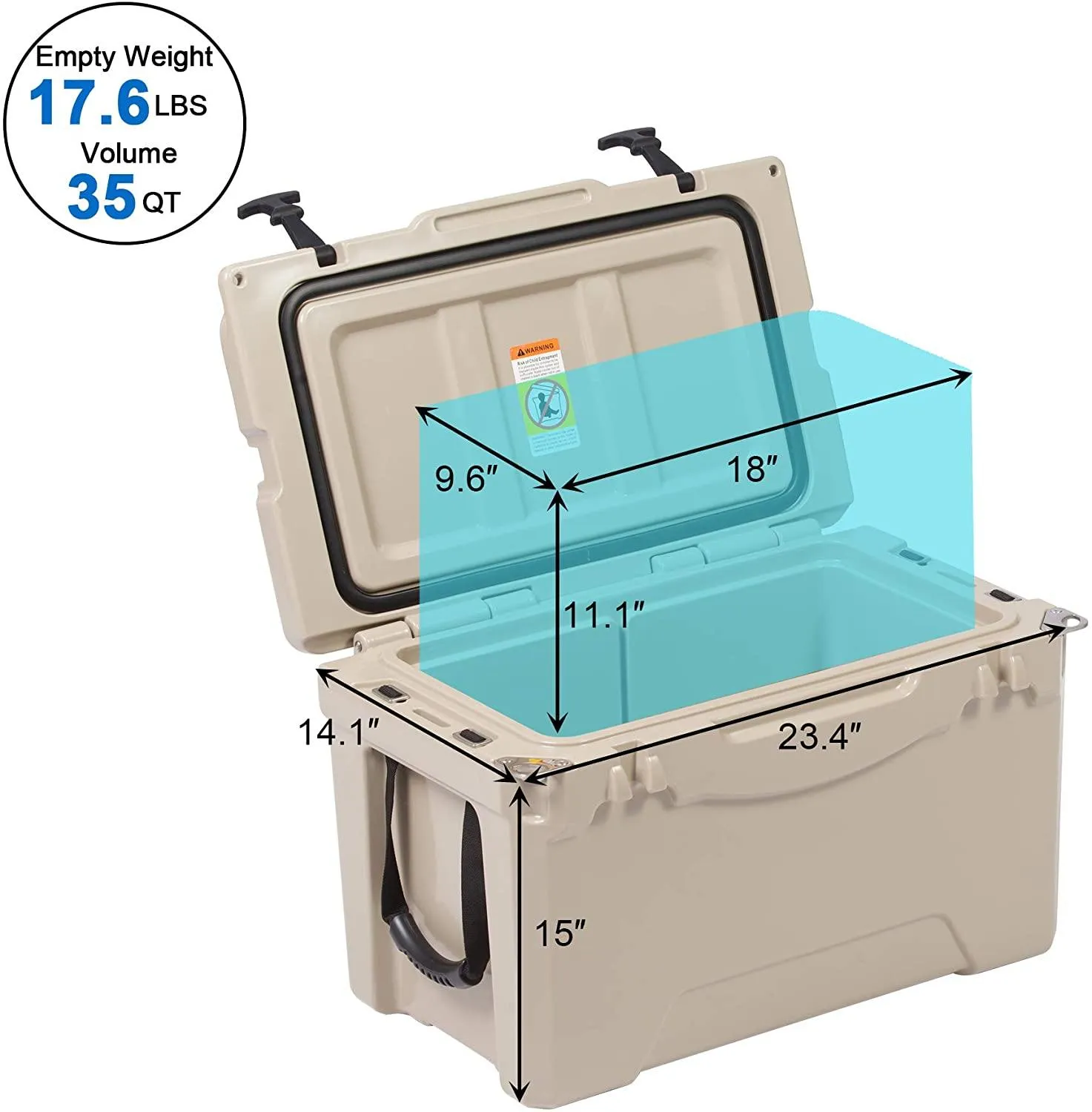 35QT Ice Cooler Rotomolded Insulated Coolers, Ice Chest with Built-in Fish Ruler, Bottle Opener, Cup Holder