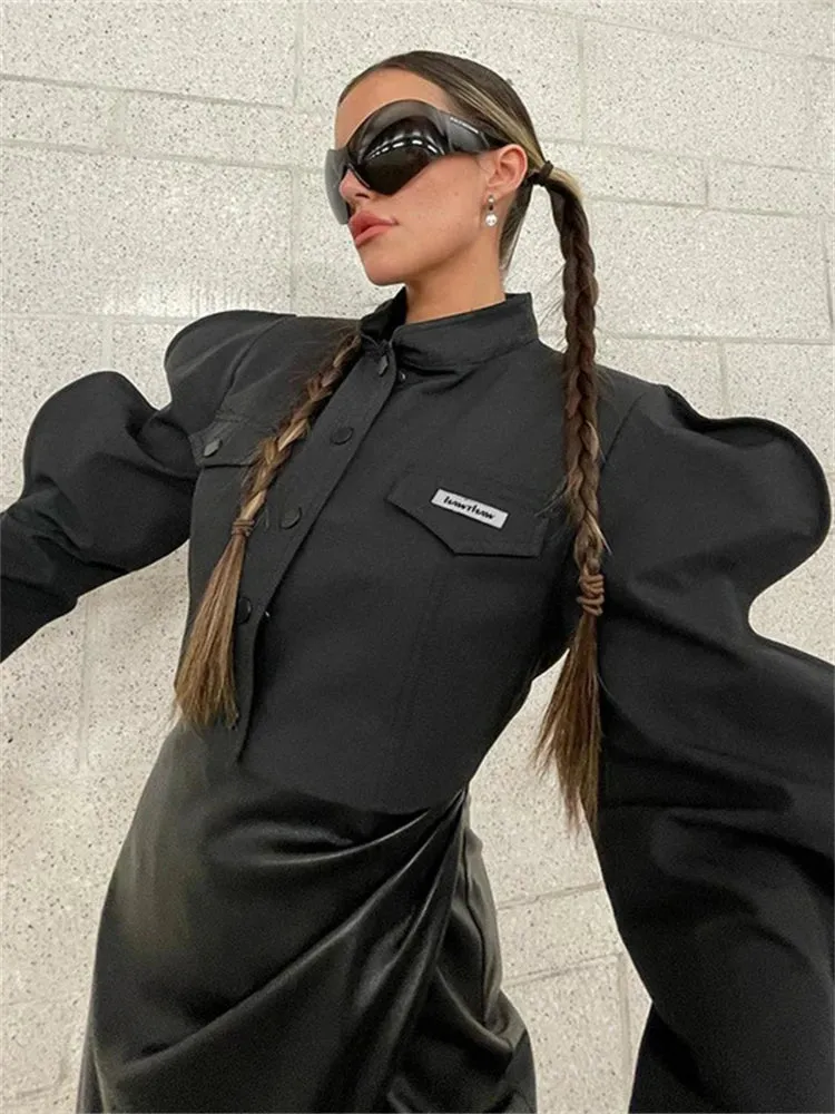 Aualay Spring Wave Up Black Jackets Streetwear For Women 2024 Long Sleeve Button Up Coats Female Casual Fashion Crop Jackets