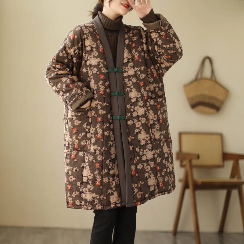 Babakud Women Winter Plus Size Retro Cotton Linen Printed Buttoned Quilted Coat