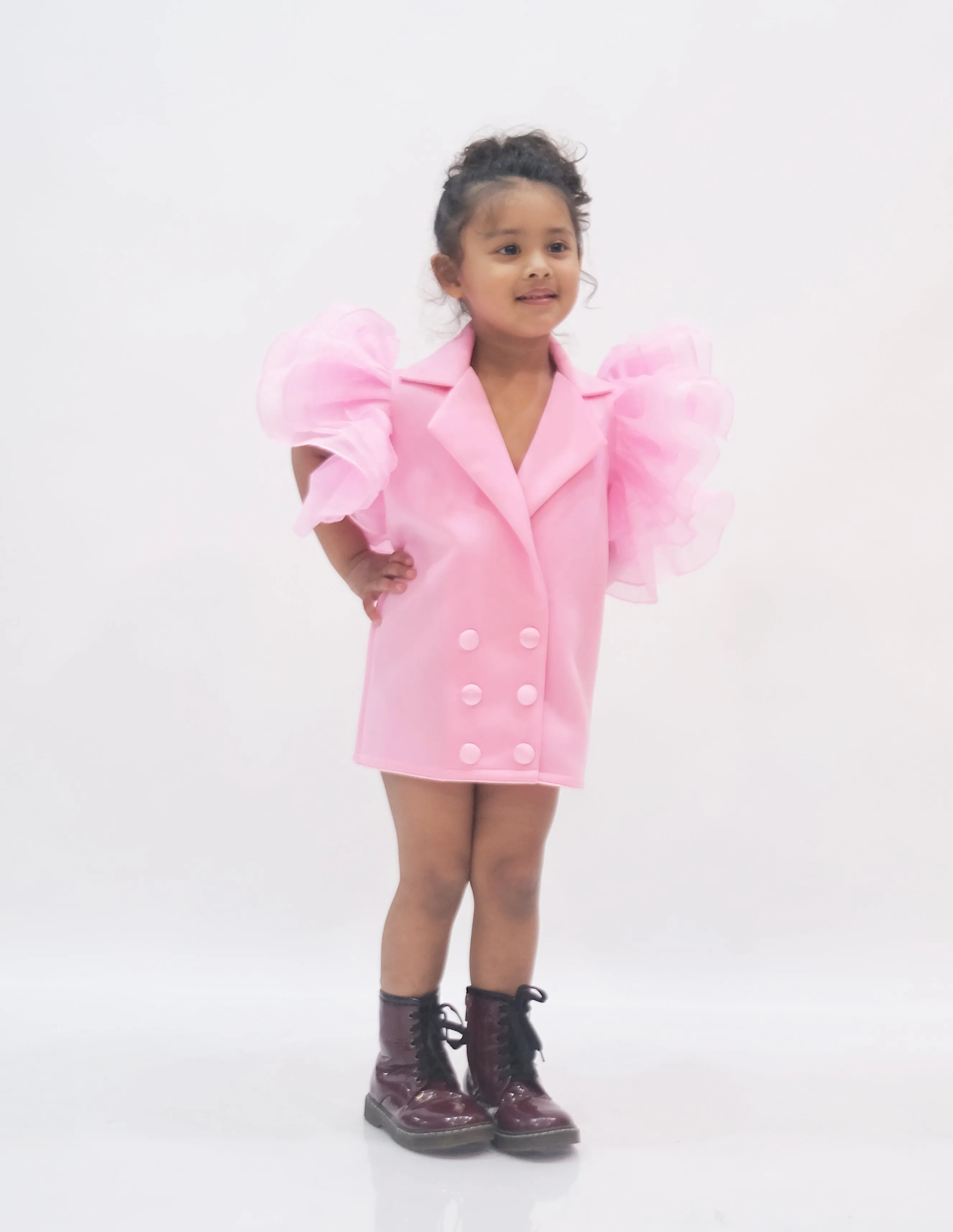 Baby pink coat dress with ruffle sleeves