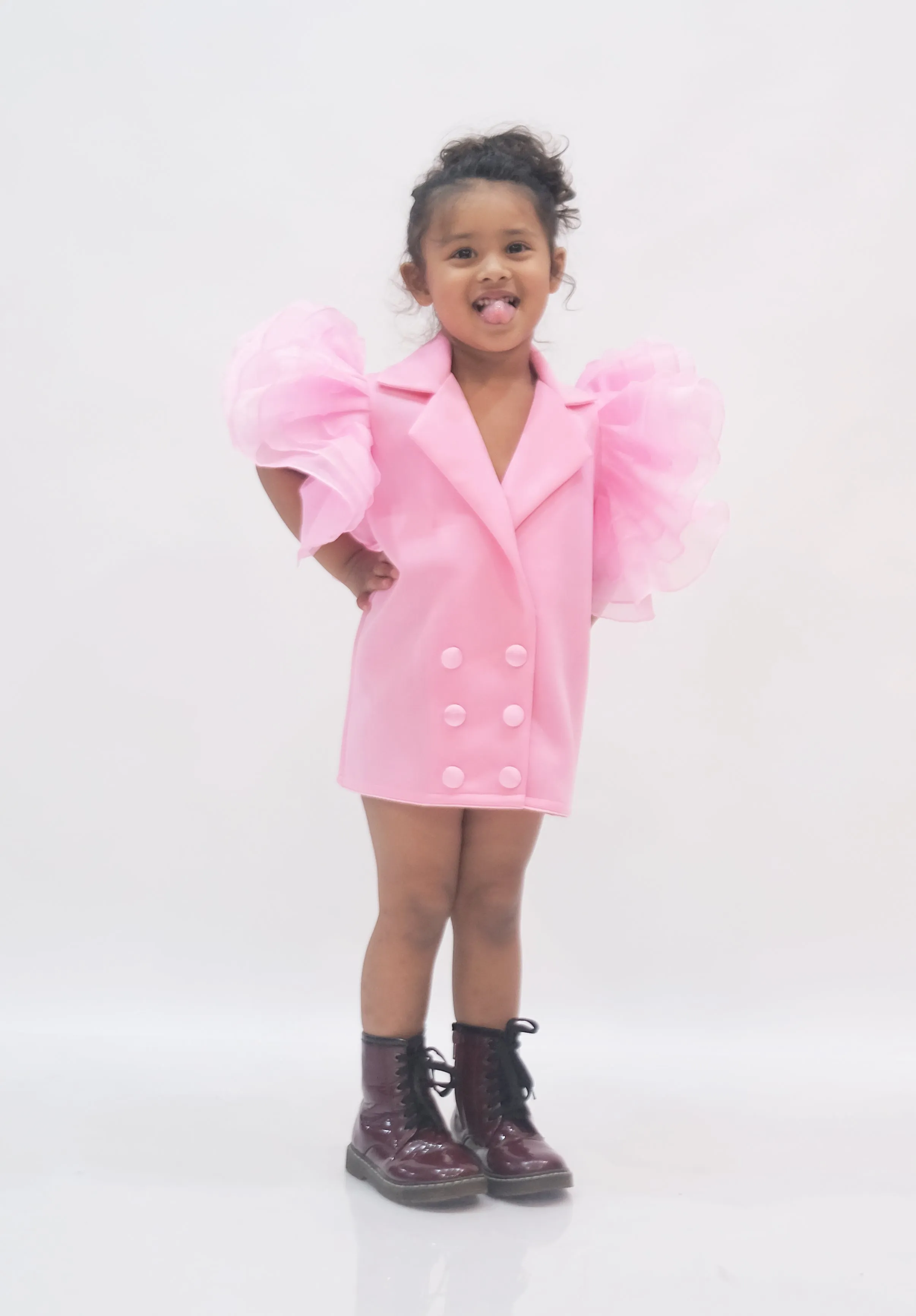 Baby pink coat dress with ruffle sleeves