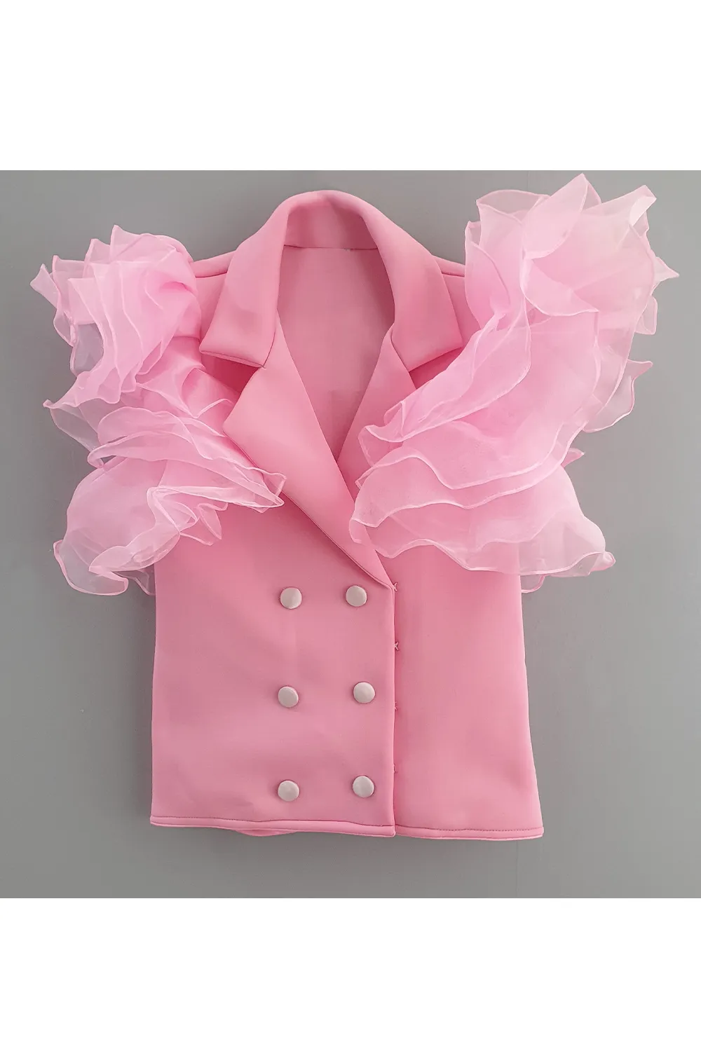 Baby pink coat dress with ruffle sleeves