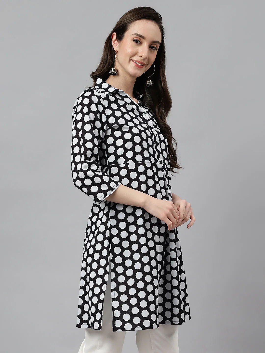 Black Cotton Polka Print A-Line Tunic