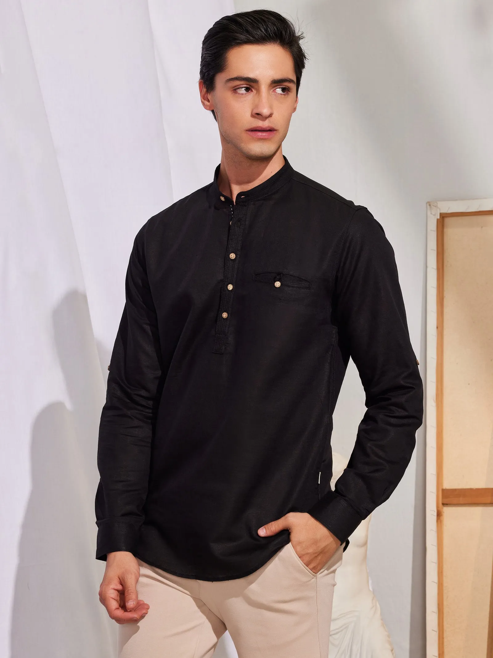 Black Linen Solid Casual Kurta