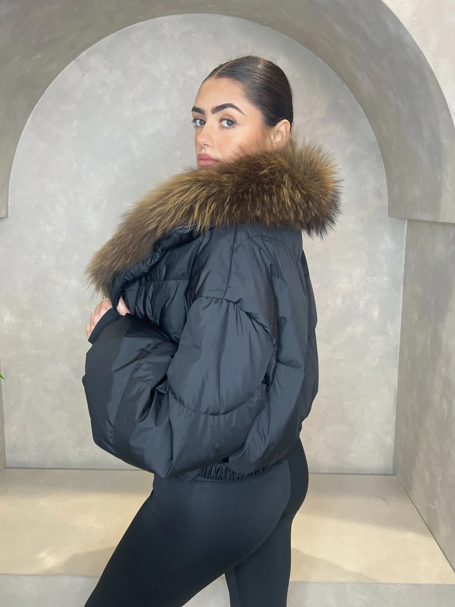 Black Luxury Fur Trim Crop Jacket