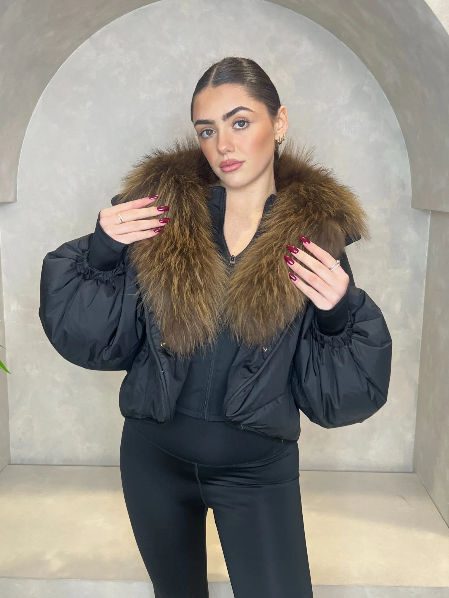 Black Luxury Fur Trim Crop Jacket