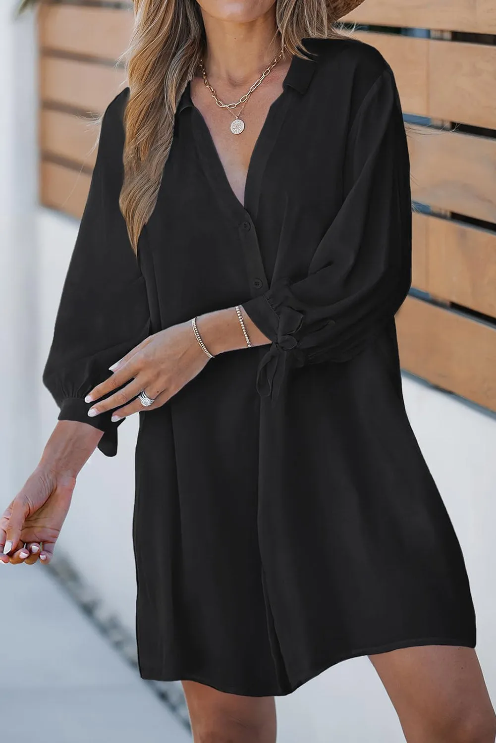 Black Plus Size Tie Cuffs V Neck Shirt Dress