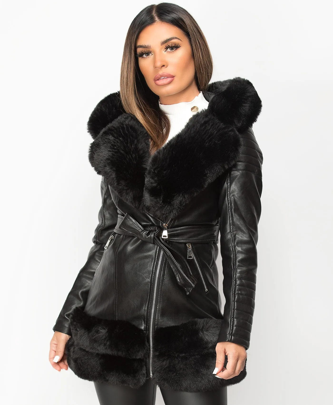 Black PU PVC Faux Fur Hem Hooded Belted 3/4 Jacket