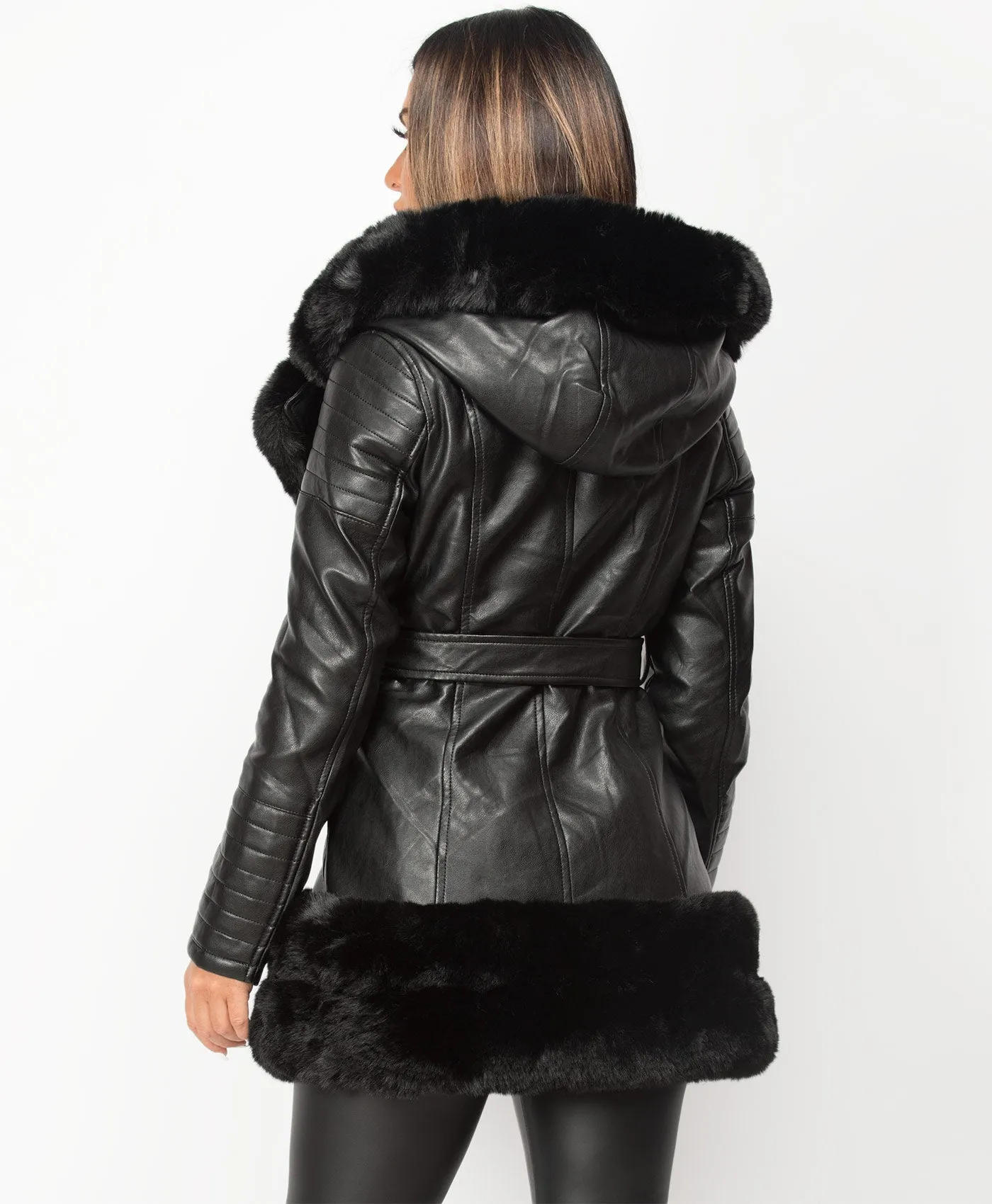 Black PU PVC Faux Fur Hem Hooded Belted 3/4 Jacket