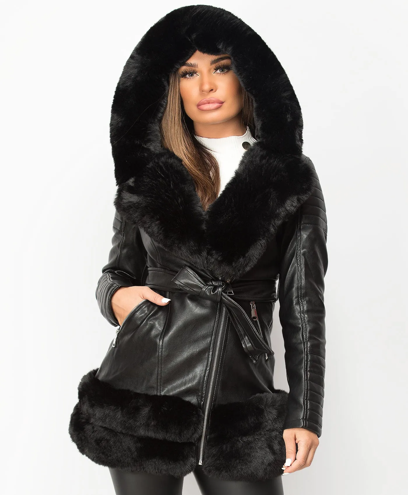 Black PU PVC Faux Fur Hem Hooded Belted 3/4 Jacket