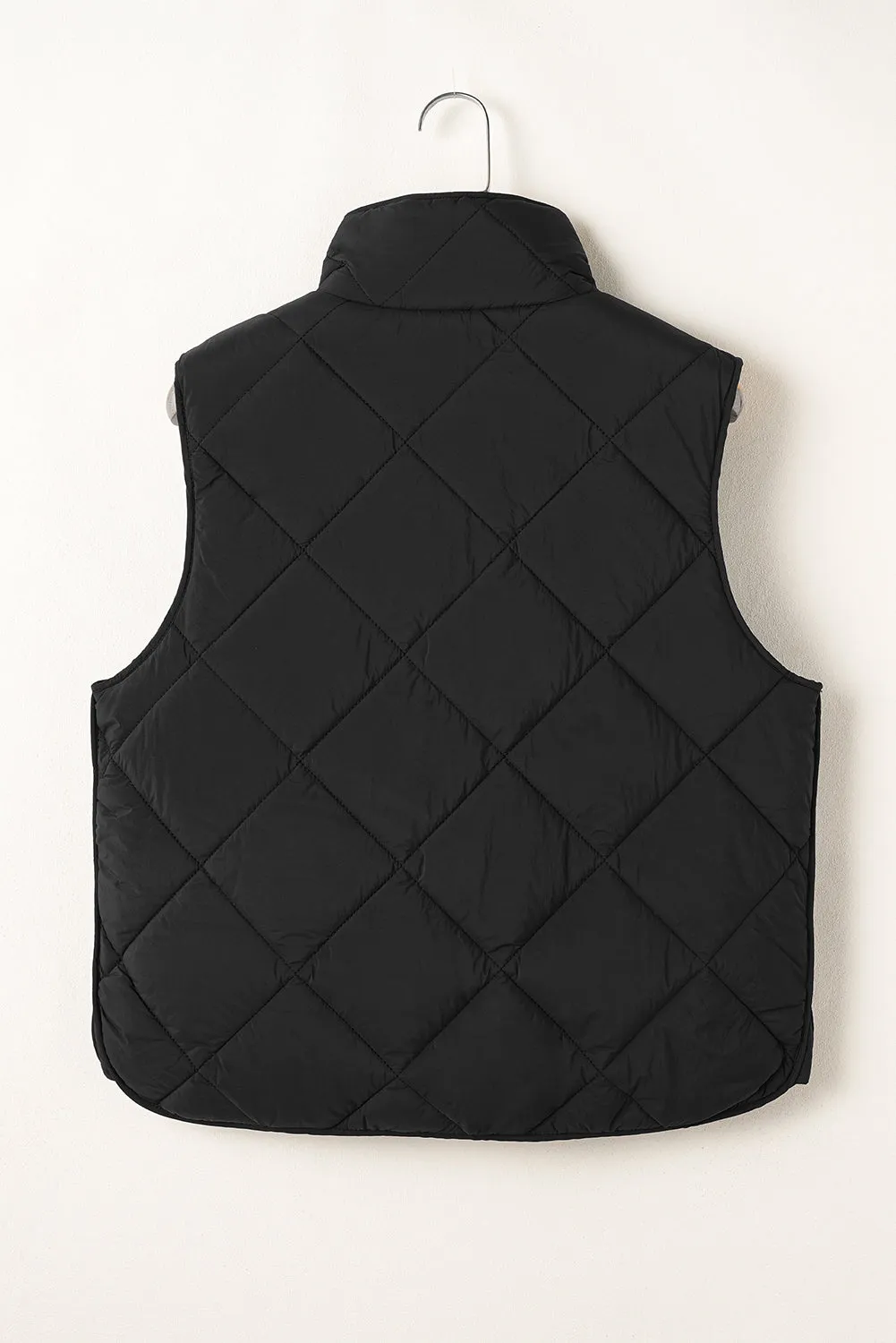 Black Quilted High Neck Button Up Pocket Vest Coat