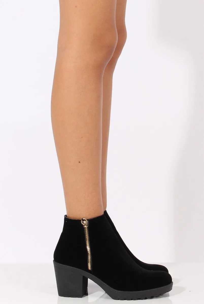 Black Suede Zip Detail Ankle Heeled Boots - Casey