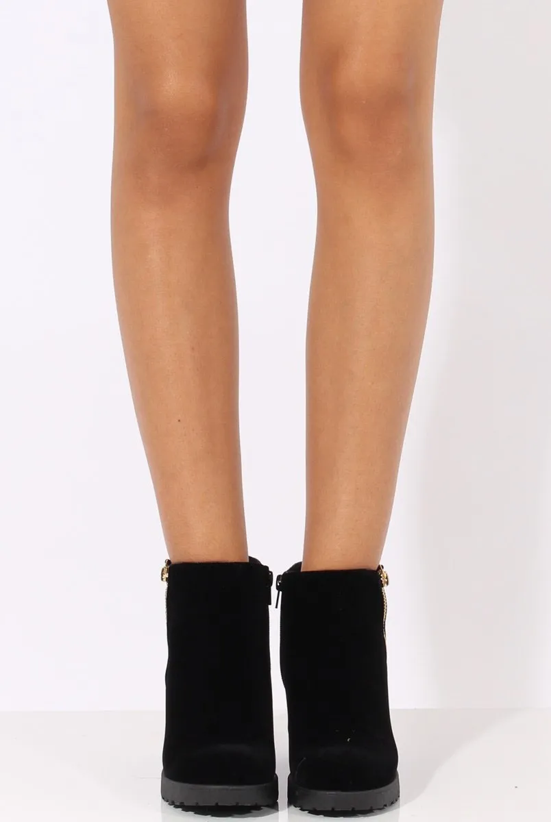 Black Suede Zip Detail Ankle Heeled Boots - Casey