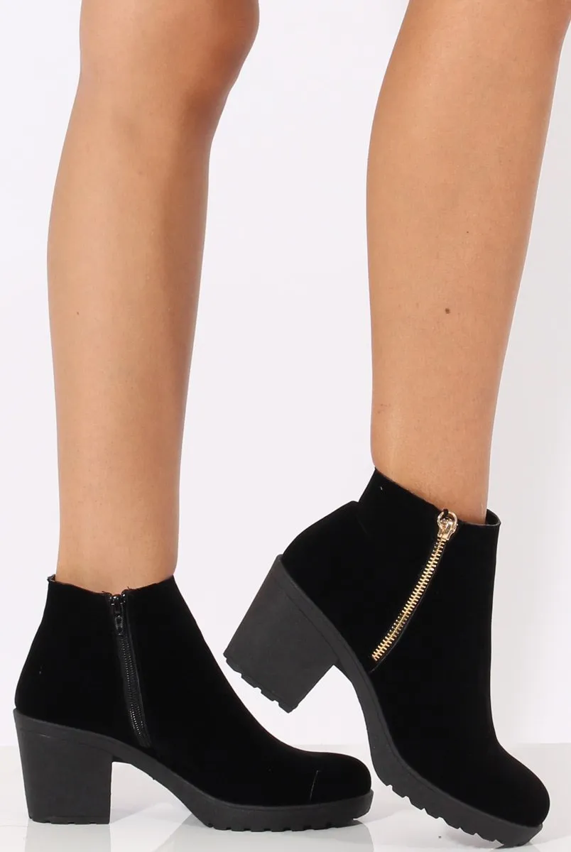 Black Suede Zip Detail Ankle Heeled Boots - Casey