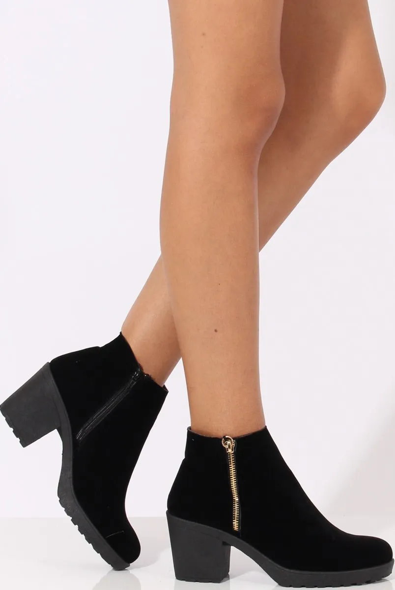 Black Suede Zip Detail Ankle Heeled Boots - Casey