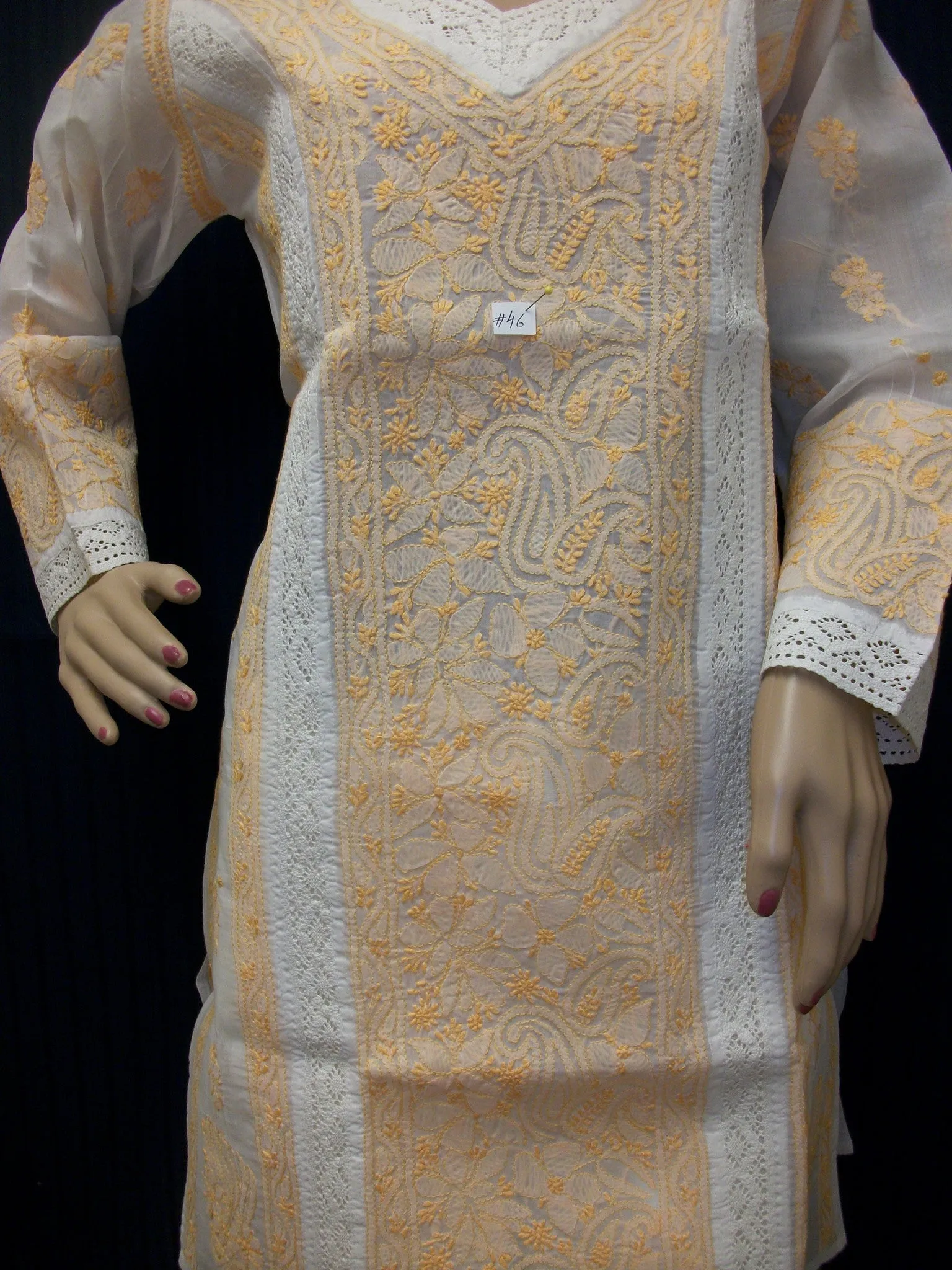 Blouse 046 White Cotton Embroidered Small Size Tunic Top Kurti Shieno