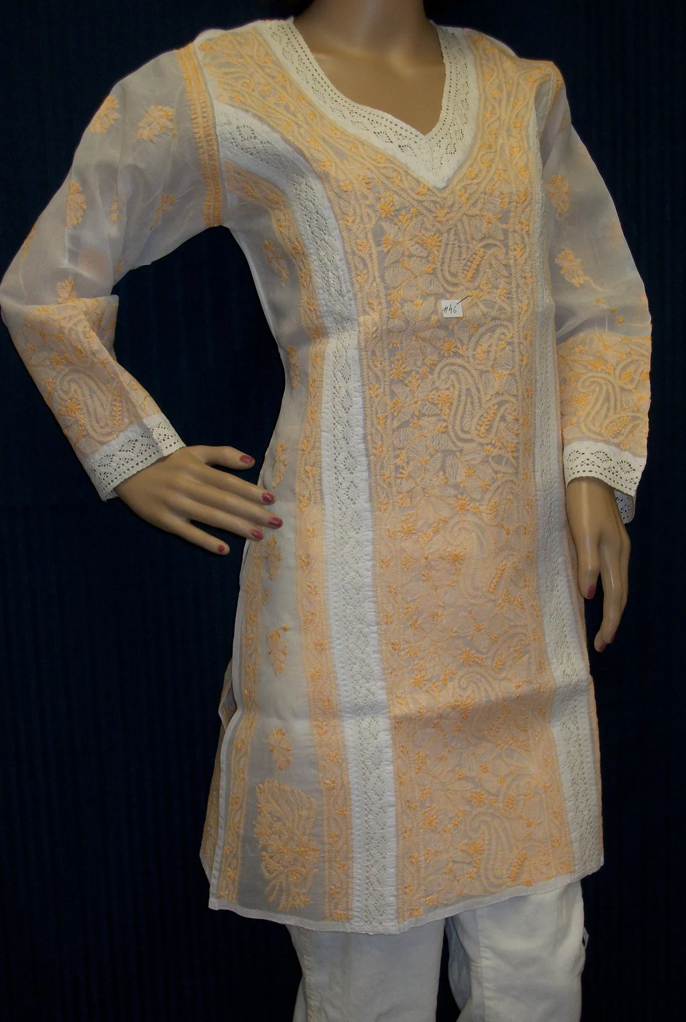 Blouse 046 White Cotton Embroidered Small Size Tunic Top Kurti Shieno