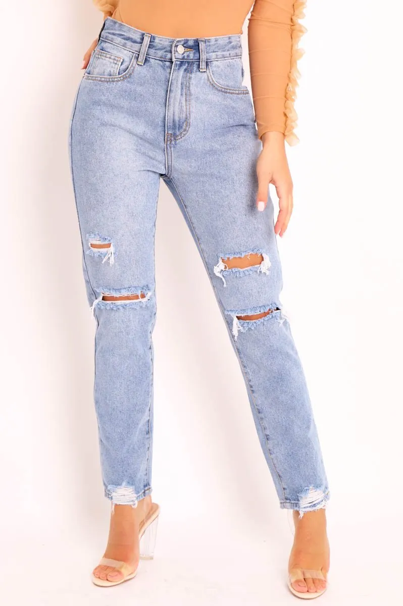 Blue Distressed Ankle Denim Mom Jeans - Bobbi