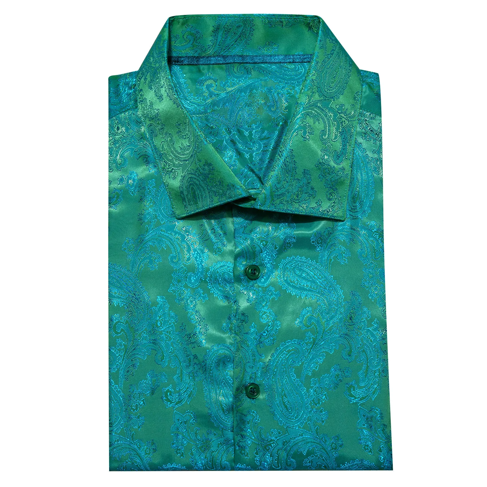 Blue Green Paisley Style Casual Silk Men's Long Sleeve Button Shirt