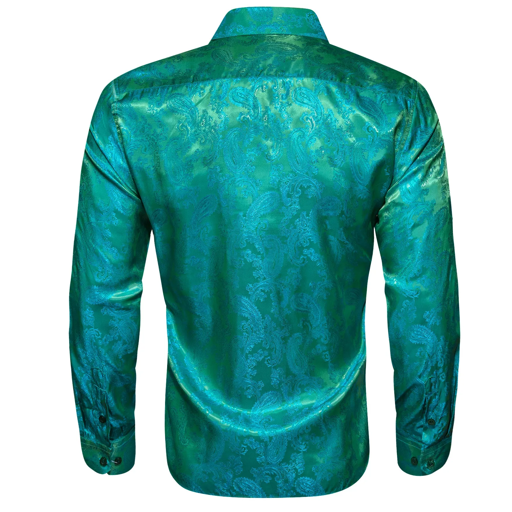 Blue Green Paisley Style Casual Silk Men's Long Sleeve Button Shirt