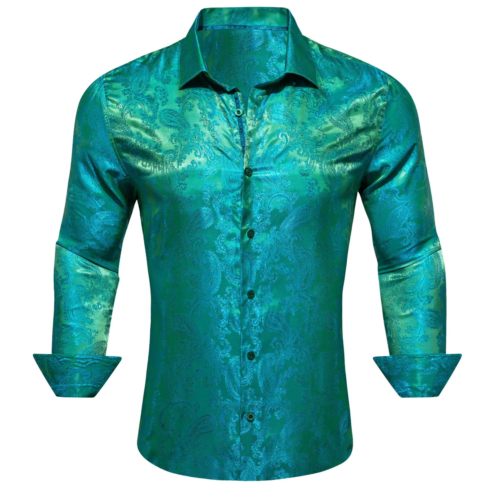 Blue Green Paisley Style Casual Silk Men's Long Sleeve Button Shirt