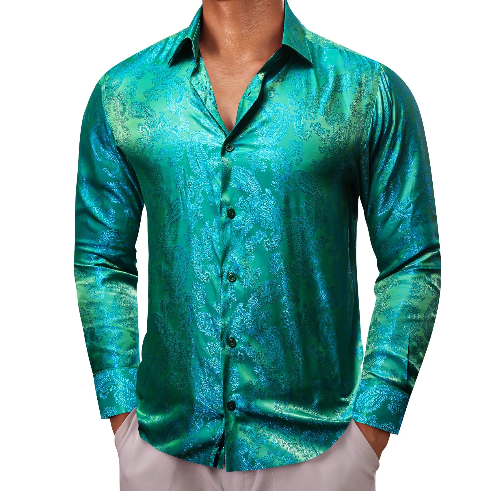 Blue Green Paisley Style Casual Silk Men's Long Sleeve Button Shirt