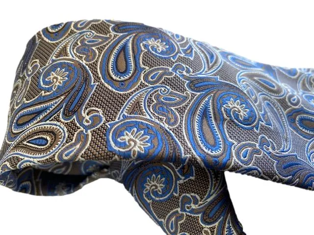 Blue, Taupe and White Paisley Men's Tie