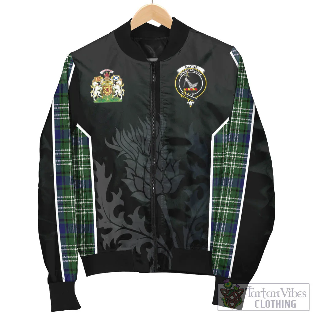 Blyth Tartan Bomber Jacket with Family Crest and Scottish Thistle Vibes Sport Style