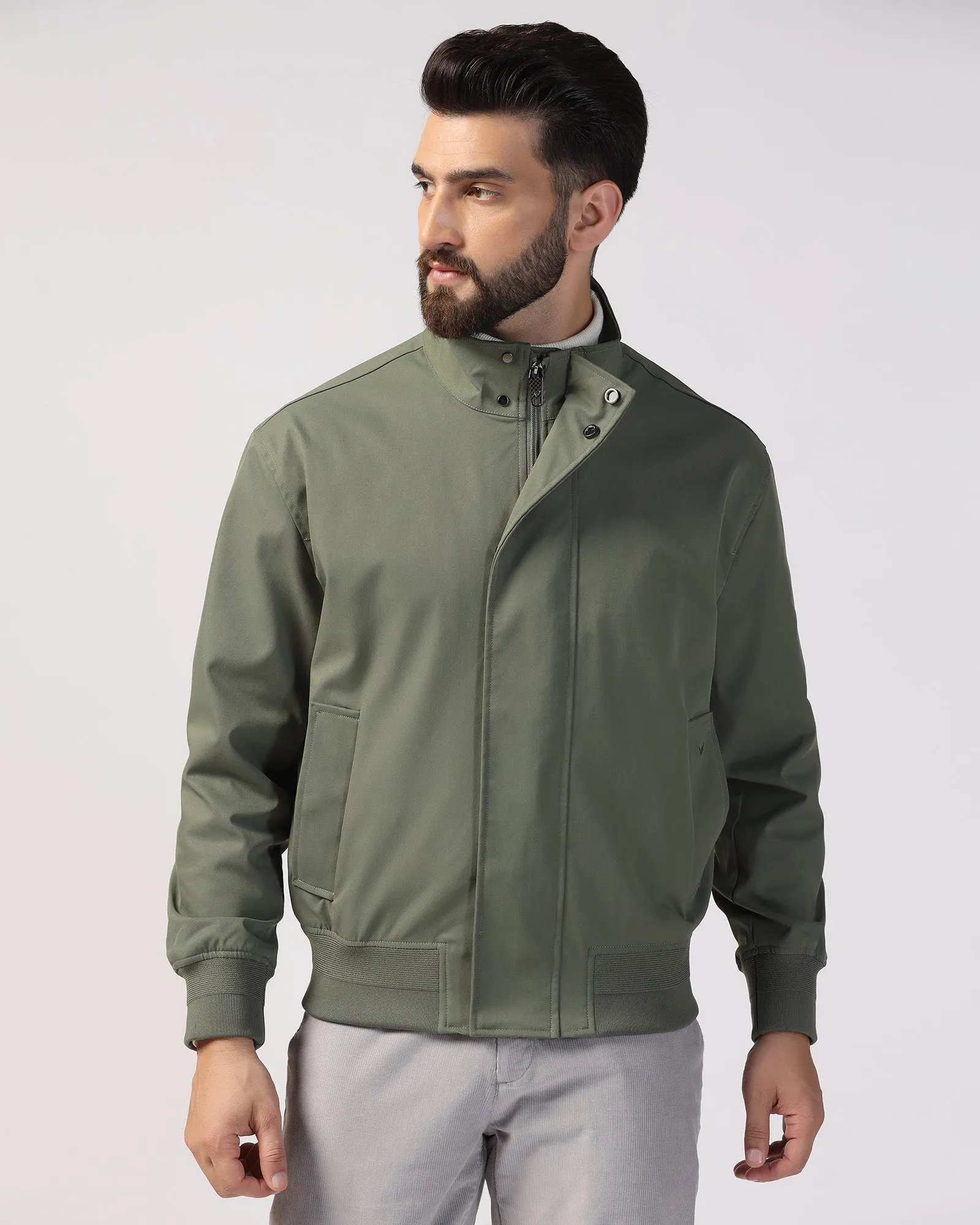 Bomber Olive Solid Zipper Jacket - Kaydet