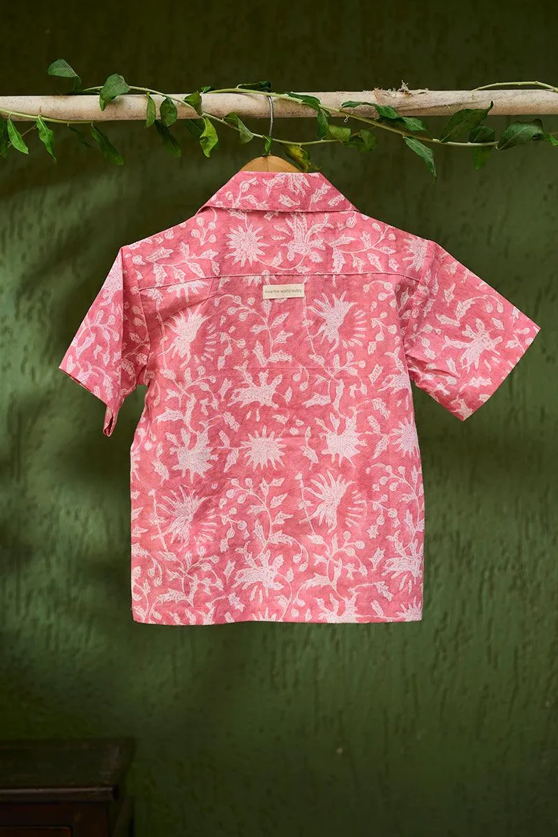 Boogie’ kids half sleeve shirt in pink floral hand block print cotton