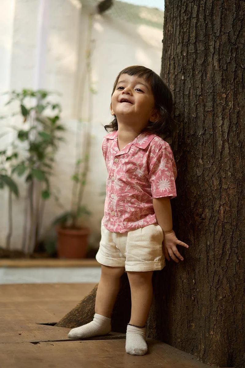 Boogie’ kids half sleeve shirt in pink floral hand block print cotton