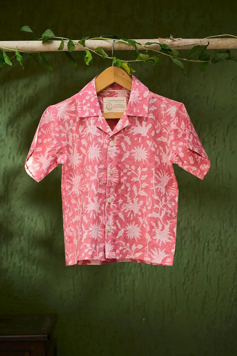 Boogie’ kids half sleeve shirt in pink floral hand block print cotton