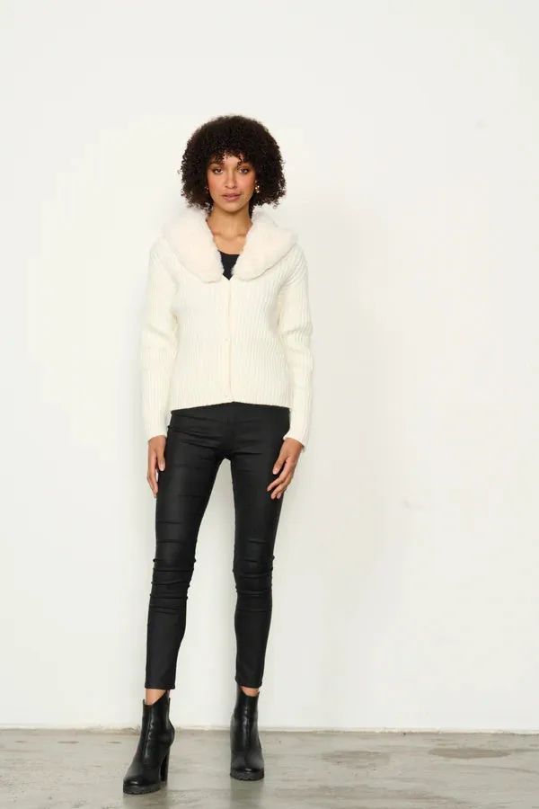 Caju - CZ755 Rib Cardi Faux Fur Collar White