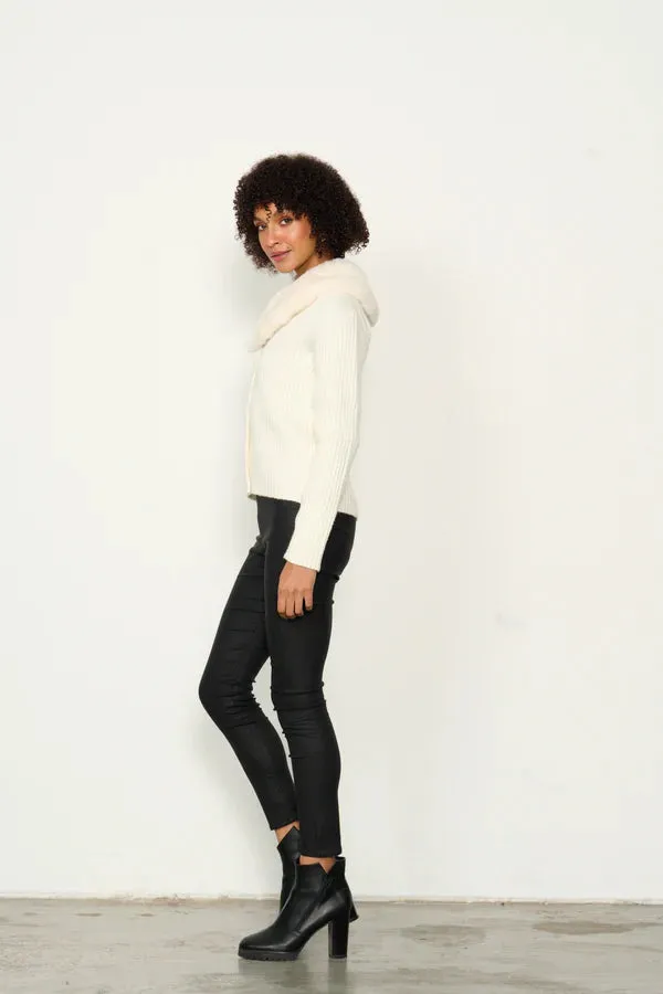 Caju - CZ755 Rib Cardi Faux Fur Collar White