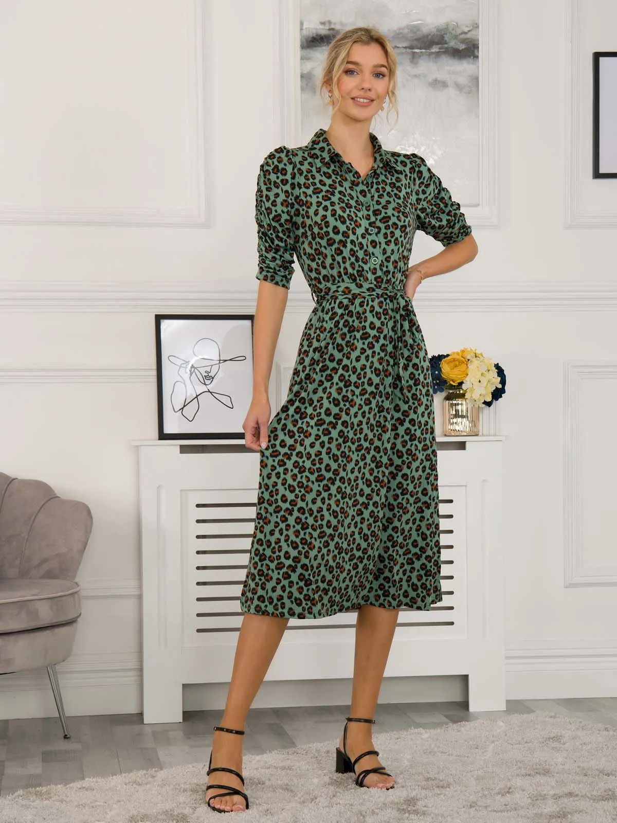 Calla Animal Print Shirt Dress, Green Leopard