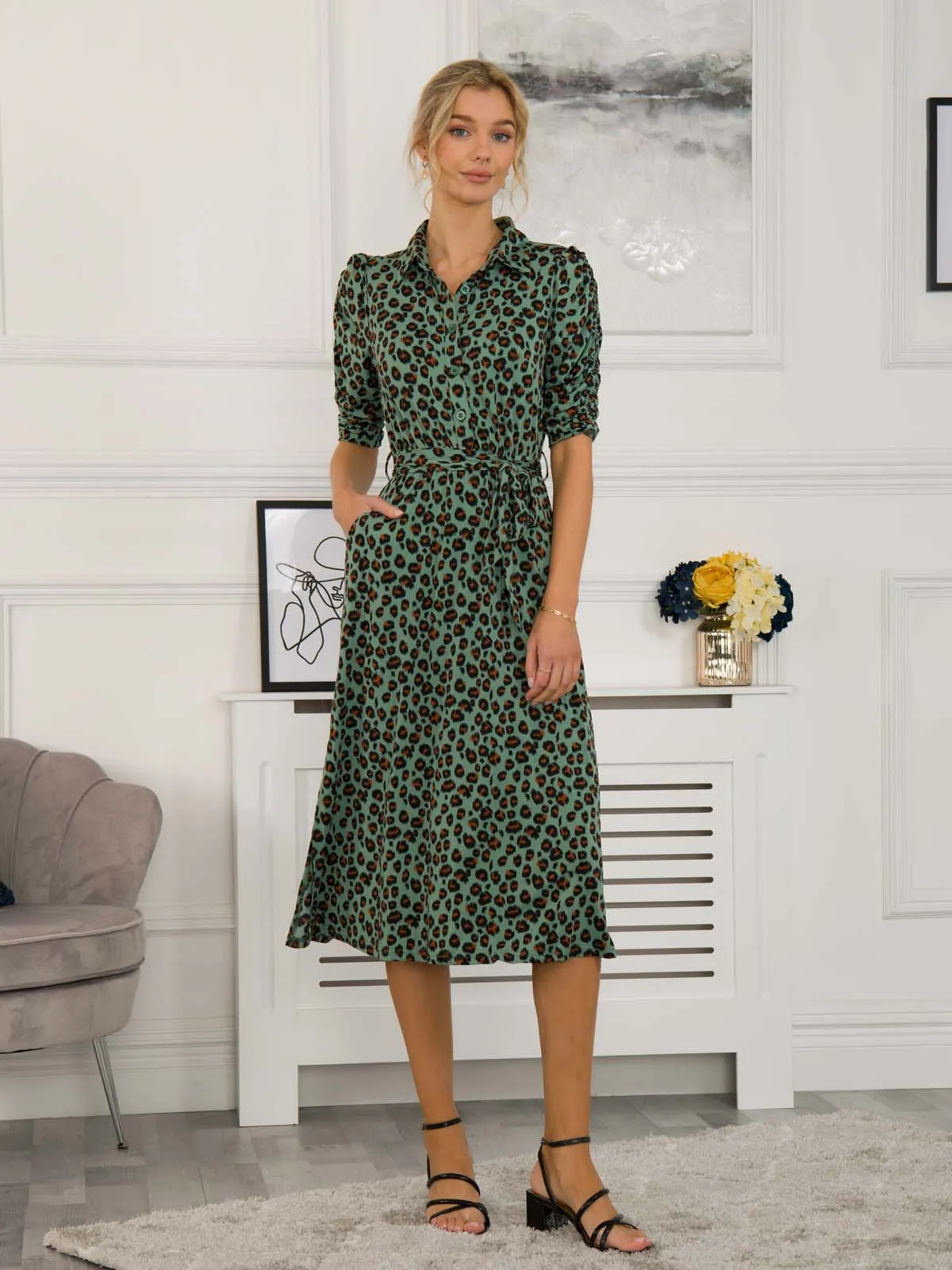 Calla Animal Print Shirt Dress, Green Leopard