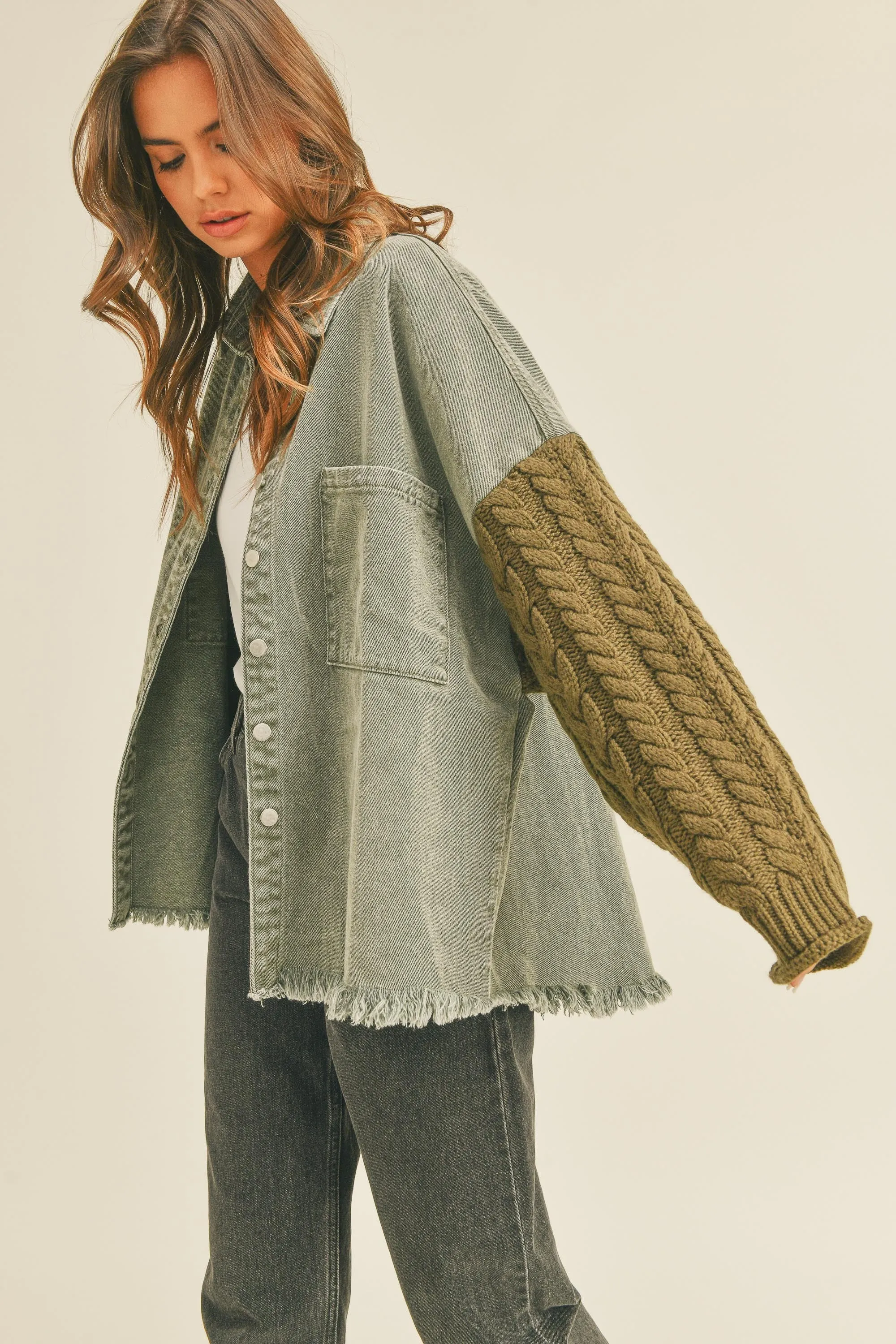 Camille Denim Cardigan Button Down Shacket - Olive