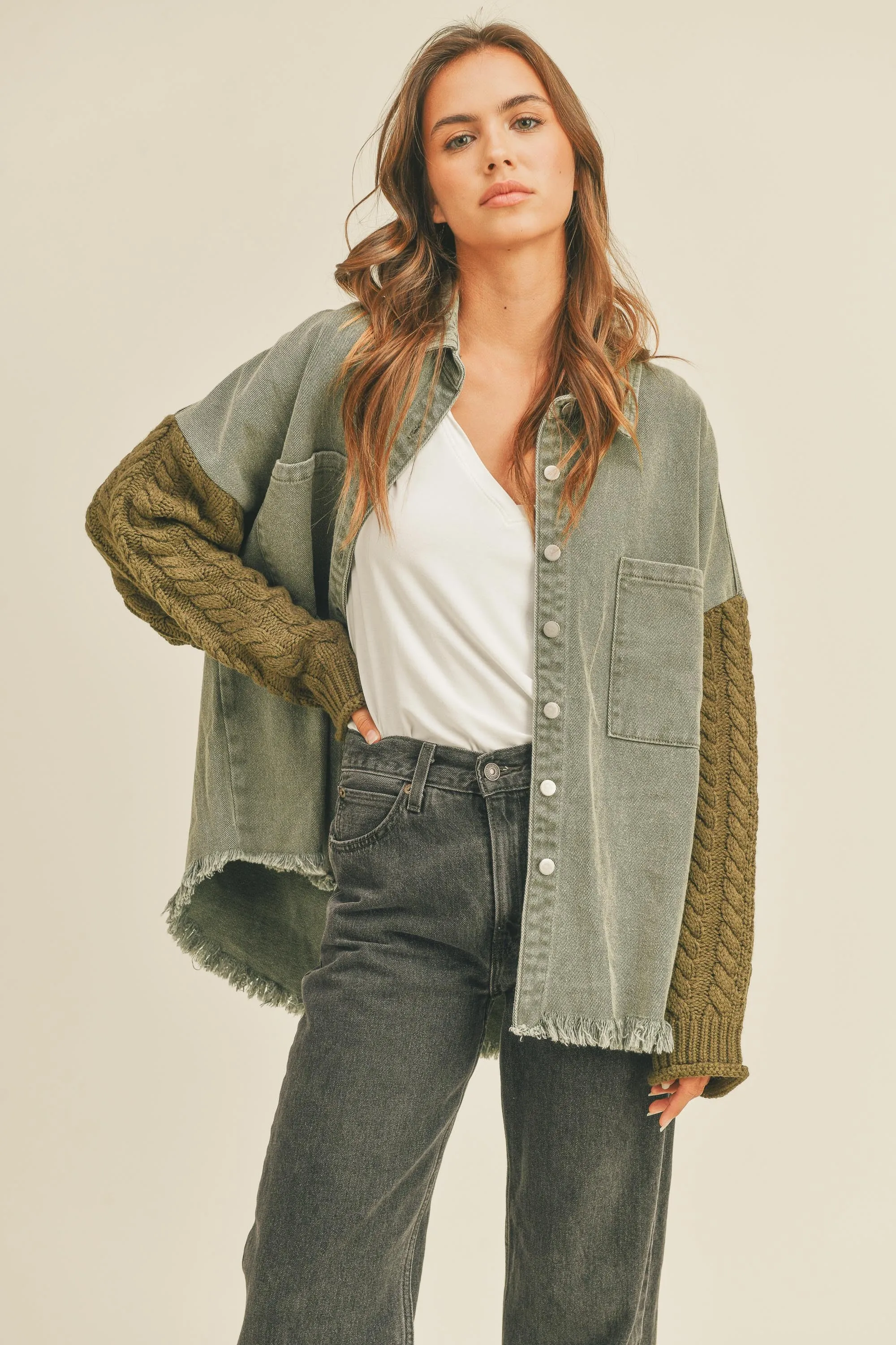 Camille Denim Cardigan Button Down Shacket - Olive