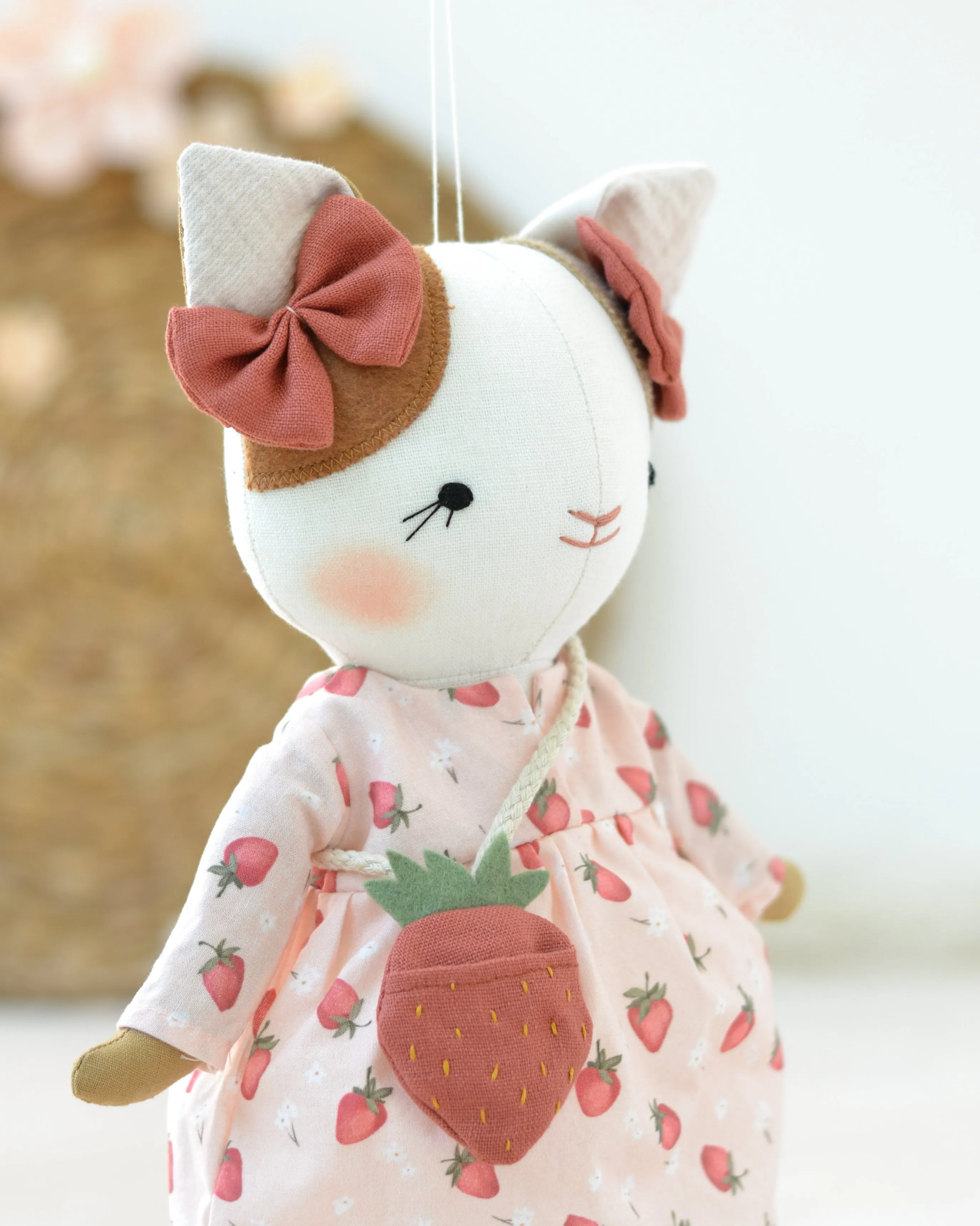 Cat Soft Toy Lucie in a White Dress with a Strawberry Bag