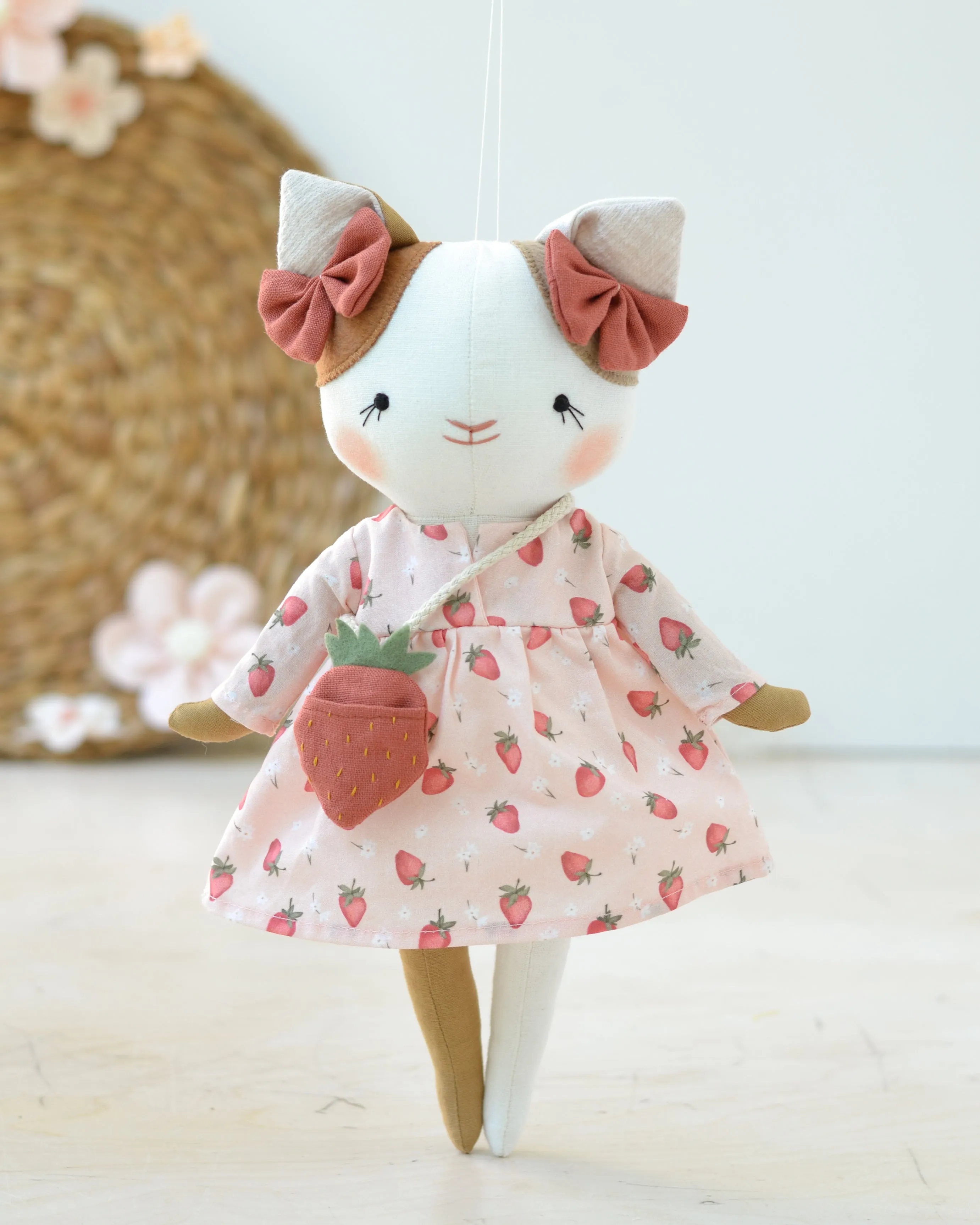 Cat Soft Toy Lucie | Pink Dress and Strawberry Bag