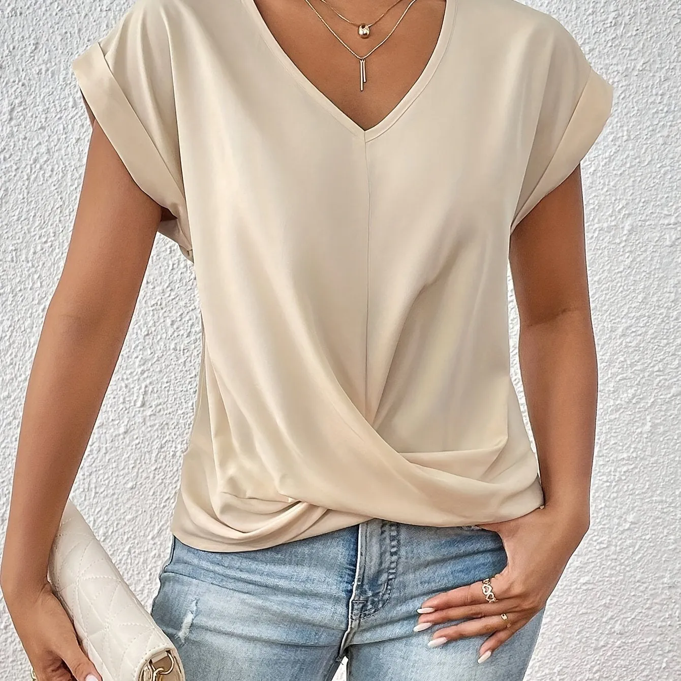 Chic Knot V-Neck T-Shirt - Lightweight & Breathable for Spring/Summer - Stylish Casual Wear for Women