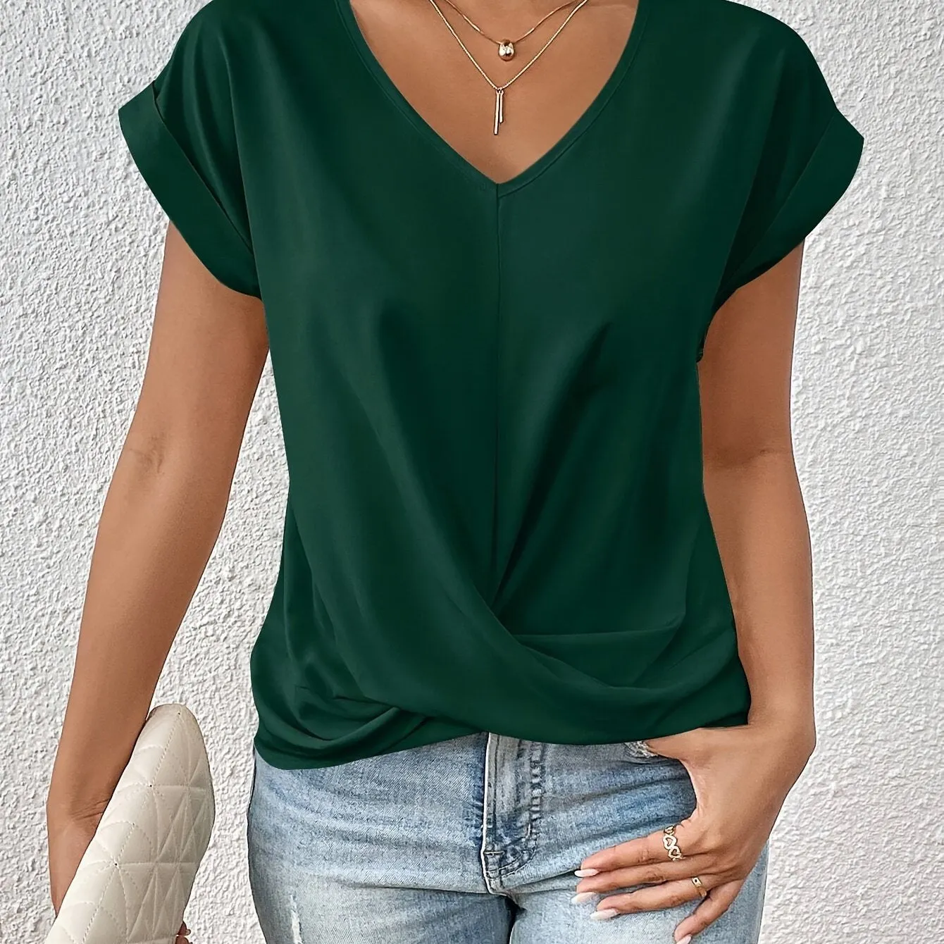 Chic Knot V-Neck T-Shirt - Lightweight & Breathable for Spring/Summer - Stylish Casual Wear for Women