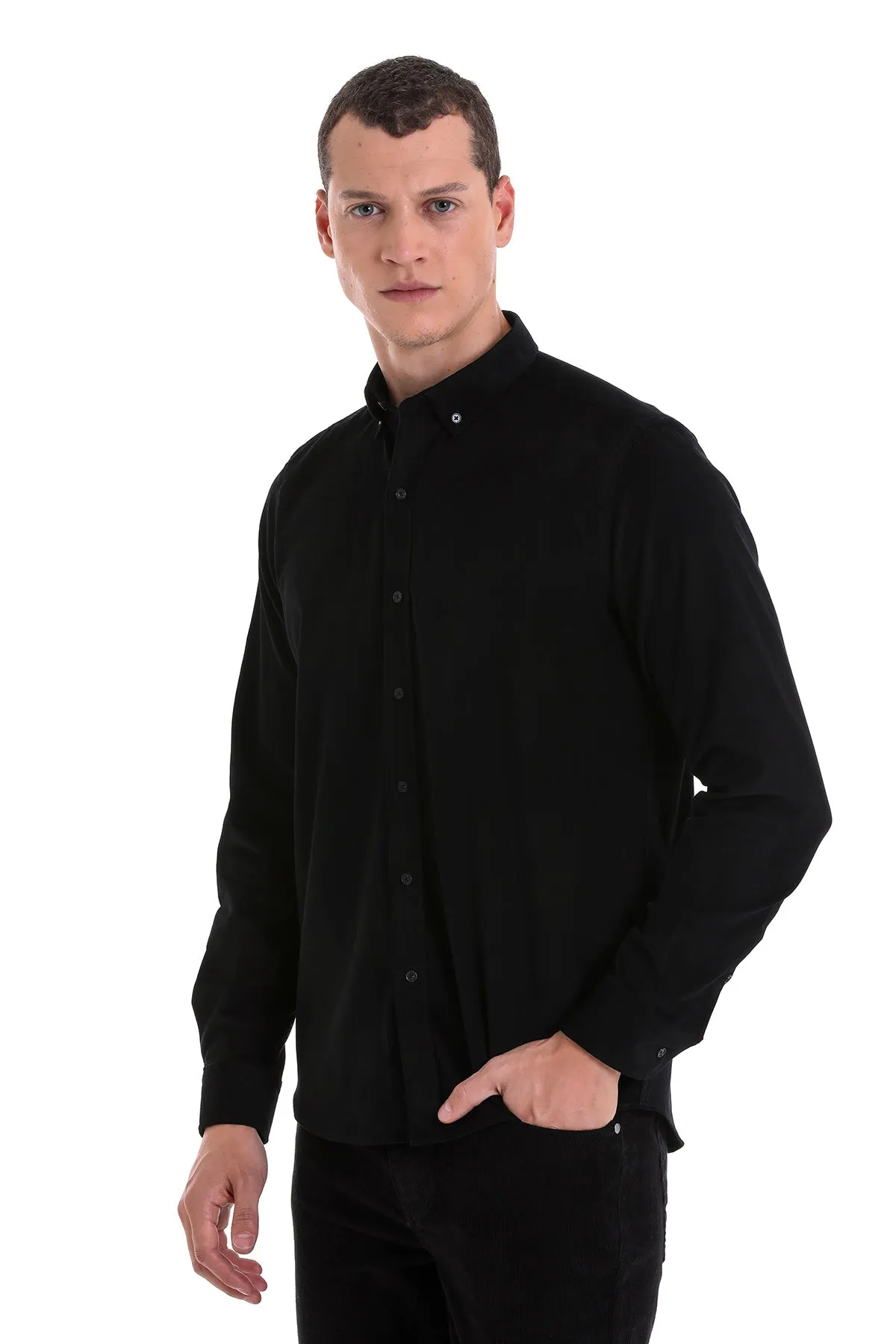 Comfort Fit Long Sleeve Cotton Black Casual Shirt