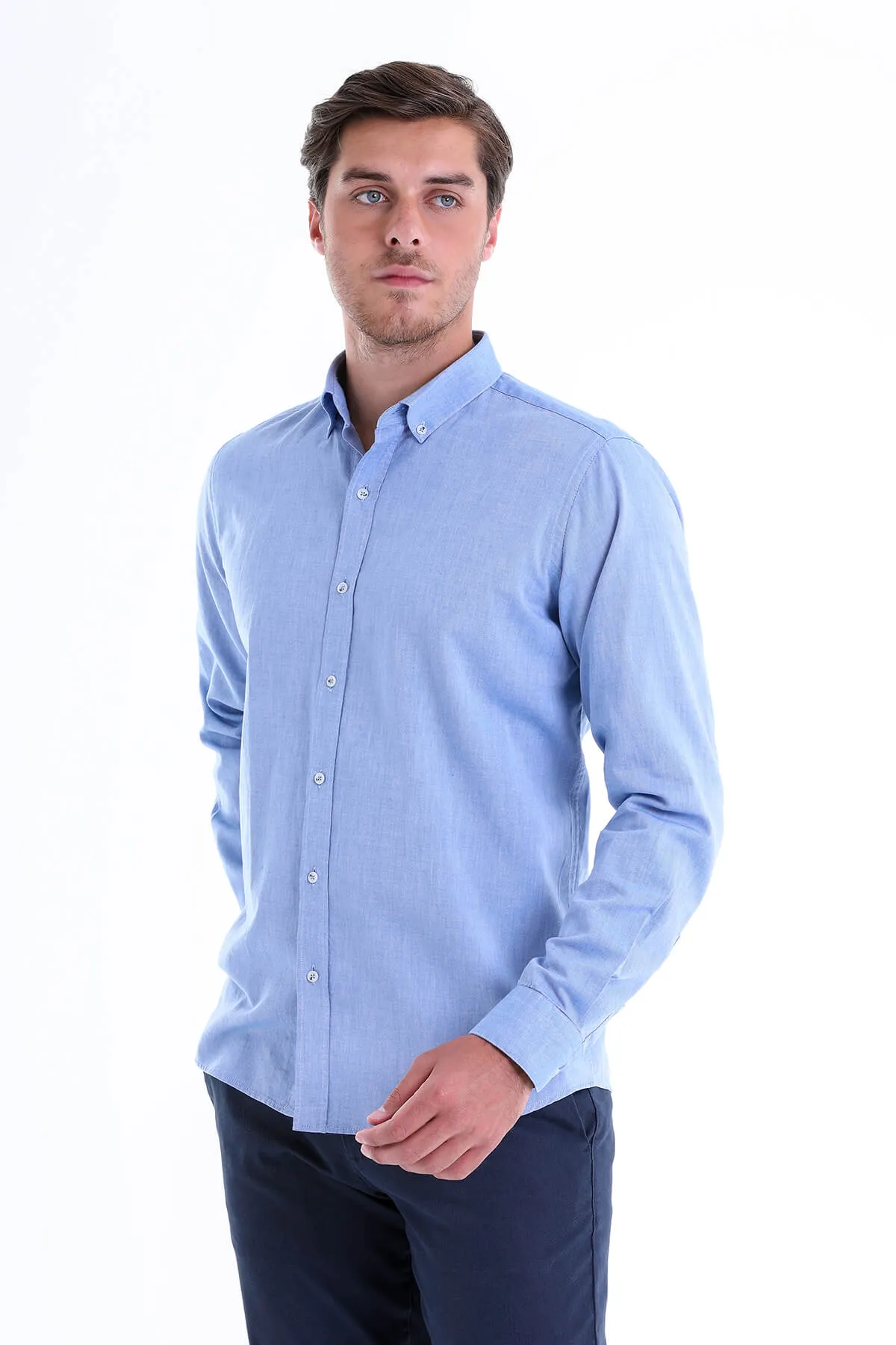 Comfort Fit Long Sleeve Cotton Dark Blue Casual Shirt