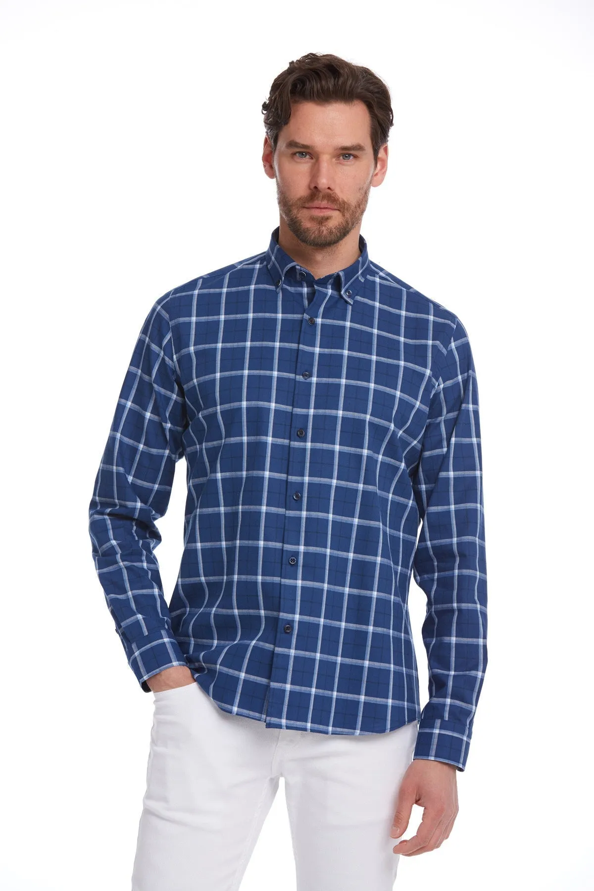 Comfort Fit Long Sleeve Plaid Cotton Navy Casual Shirt