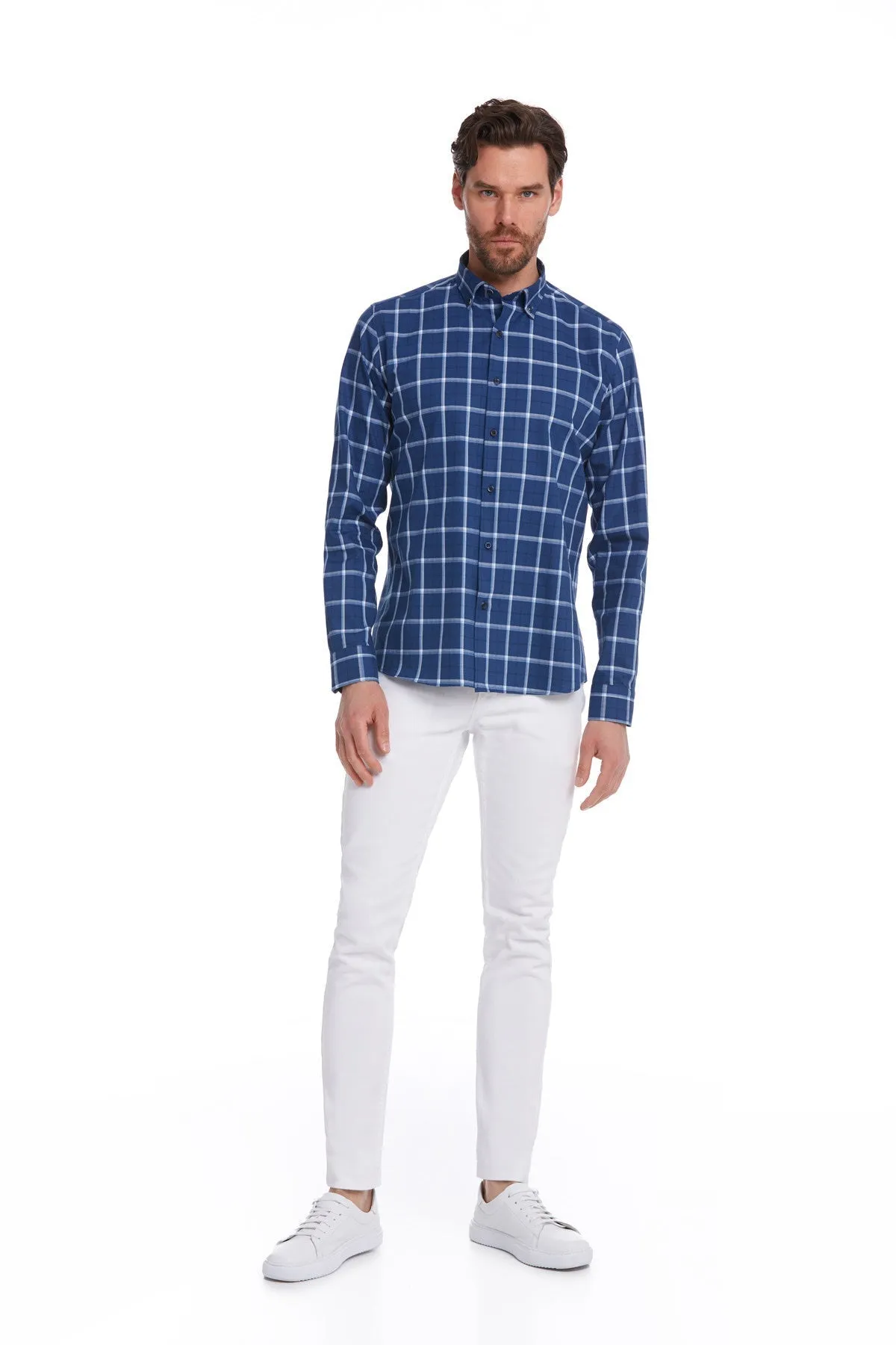 Comfort Fit Long Sleeve Plaid Cotton Navy Casual Shirt