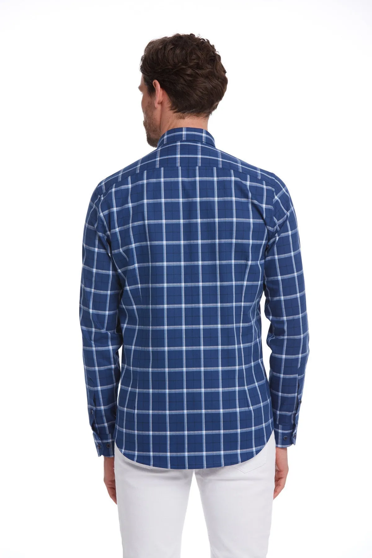 Comfort Fit Long Sleeve Plaid Cotton Navy Casual Shirt