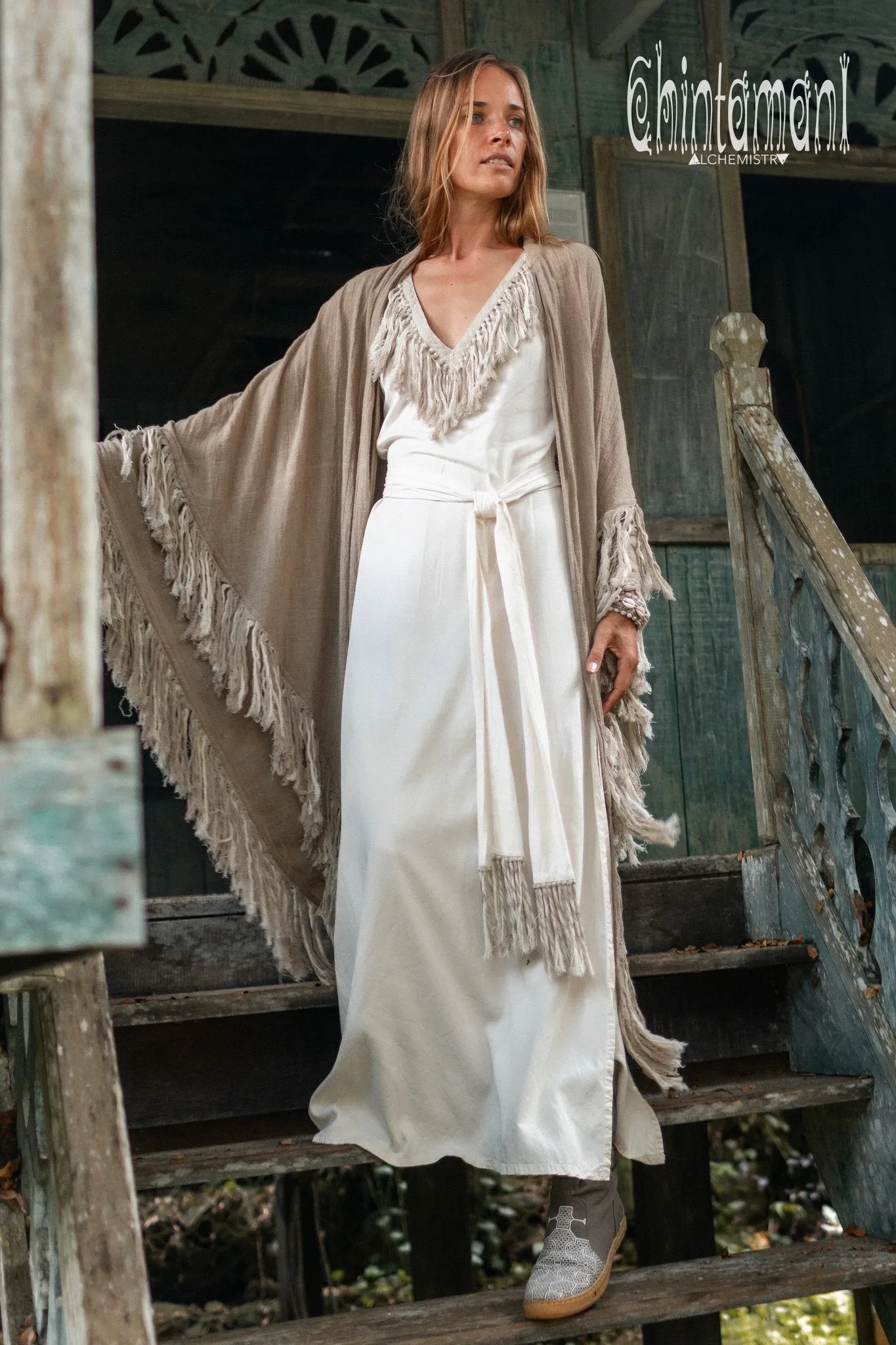 Cotton Boho Fringe Dress for Women / Off White