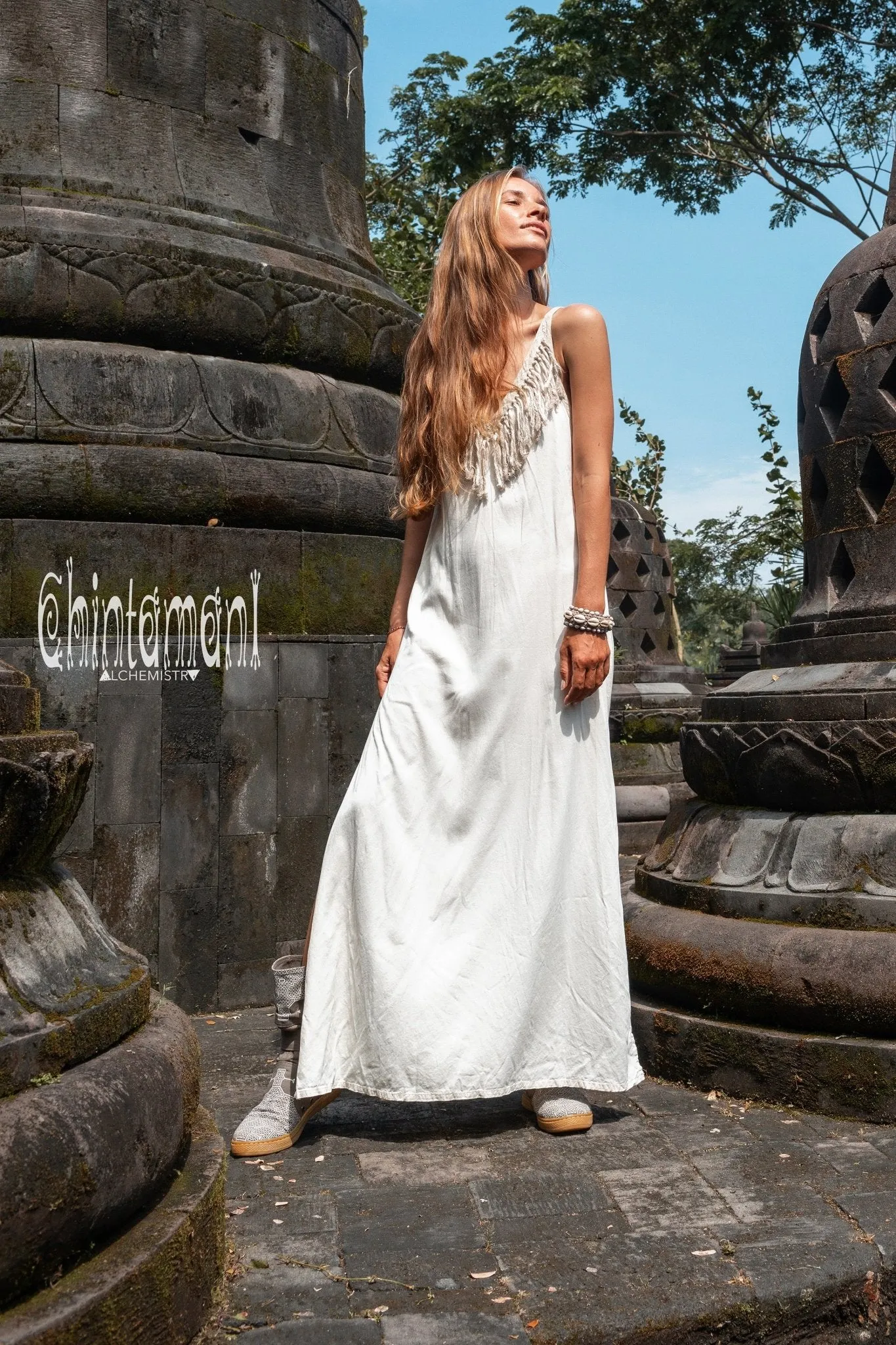 Cotton Boho Fringe Dress for Women / Off White