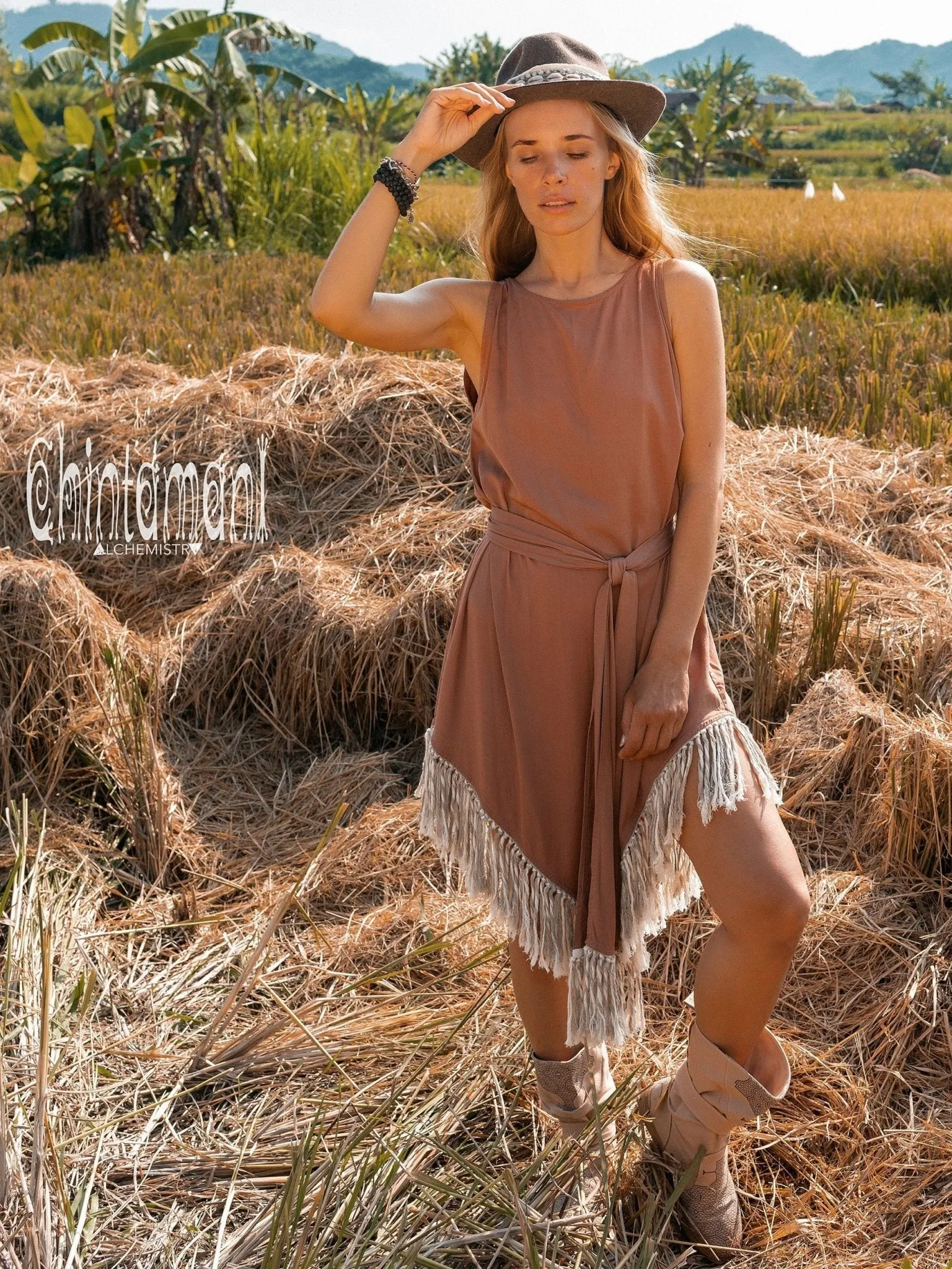 Cotton Corner Fringe Dress for Women / Dusty Pink